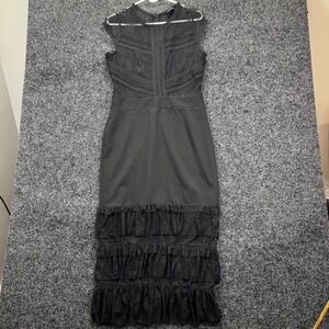 Bebe Black Lace Crochet Midi Dress Tiered Ruffle Hem Cap Sleeve SALT1659K Large